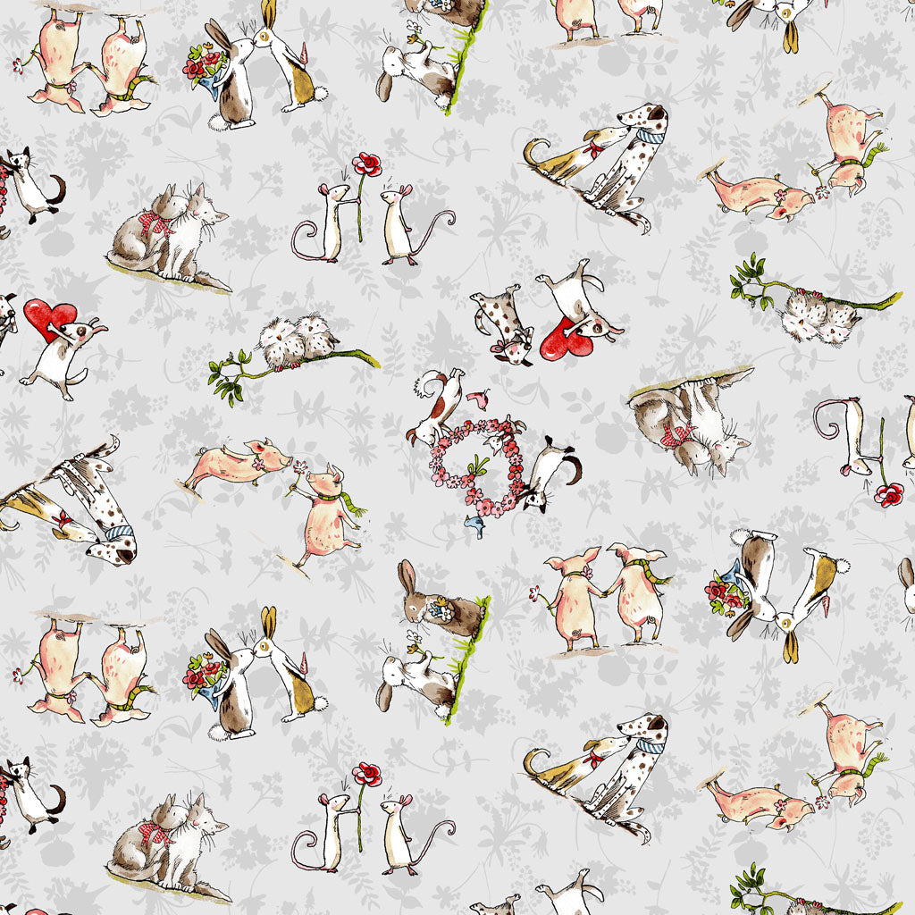 Clothworks From the Heart Animal Friends Mist Grey Cotton Fabric Y3358-116