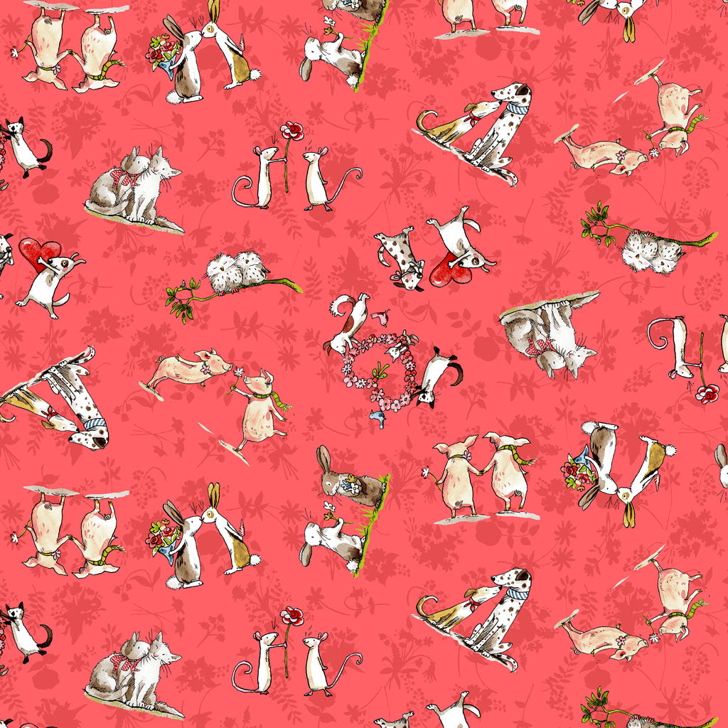 Clothworks From the Heart Animal Friends Dark Coral Cotton Fabric Y3358-40