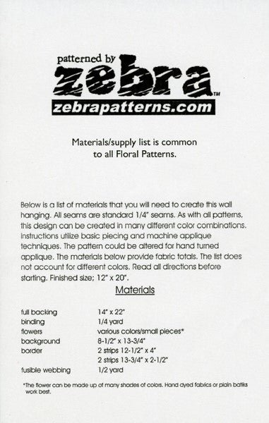 Zebra Patterns Yellow Black Eyed Susan Flower Applique Quilt Pattern Back Cover