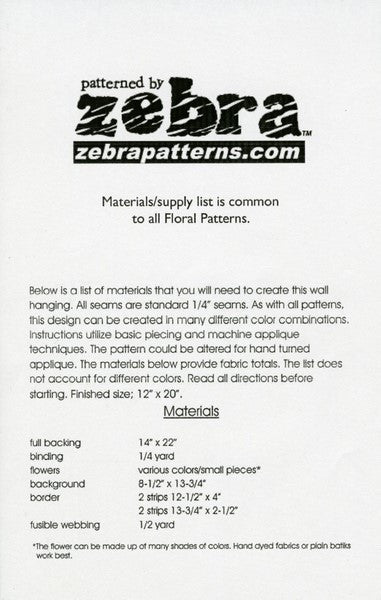 Zebra Patterns Yellow Daffodil Spring Flower Applique Quilt Pattern Back Cover